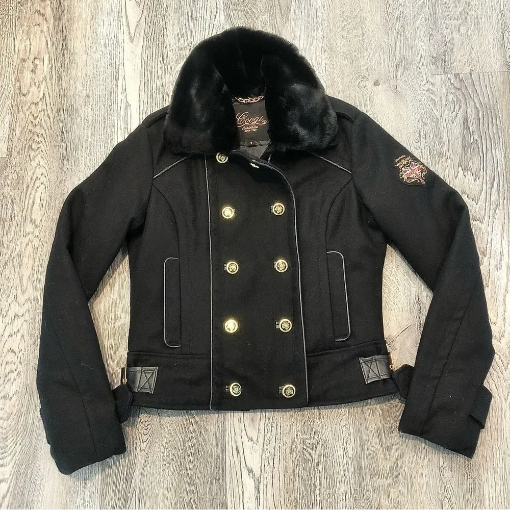 Coogi Womens Embroidered Wool Blend Varsity Jacket Fur Black Gold Small Vintage - Picture 1 of 7